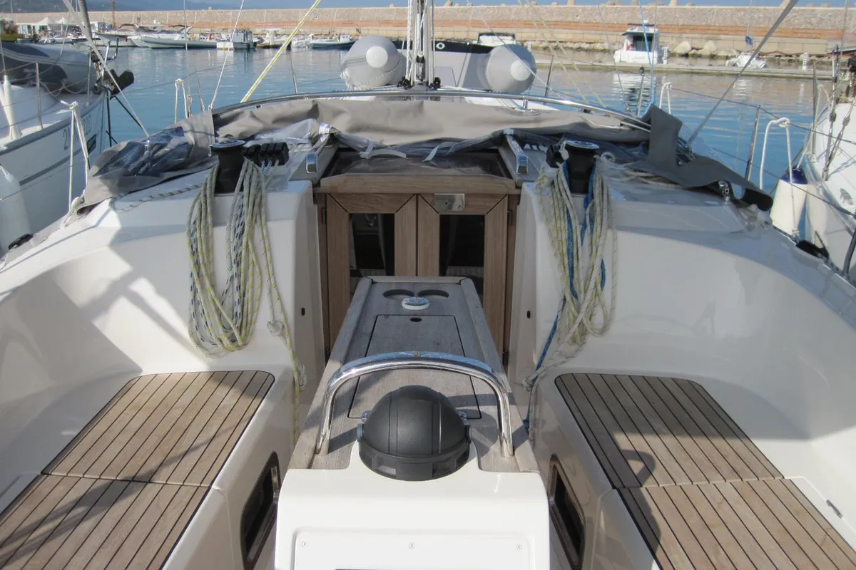 Deck of Fiamma, a Bavaria Cruiser 37 sailboat at Capo d'Orlando, Italy