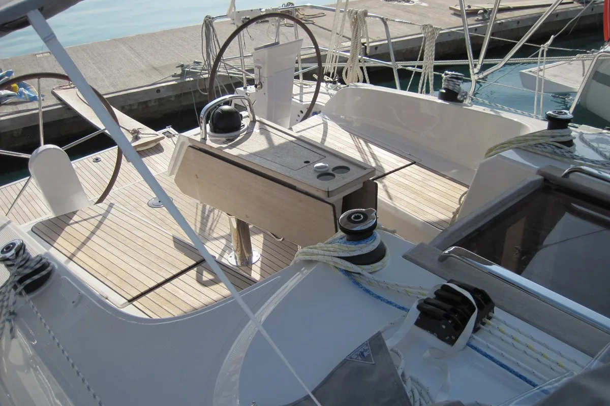 Deck of Fiamma, a Bavaria Cruiser 37 sailboat at Capo d'Orlando, Italy