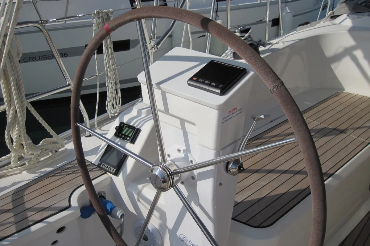 Cockpit of Fiamma, a Bavaria Cruiser 37 sailboat at Capo d'Orlando, Italy