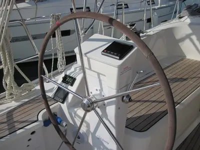 Cockpit of Fiamma, a Bavaria Cruiser 37 sailboat at Capo d'Orlando, Italy