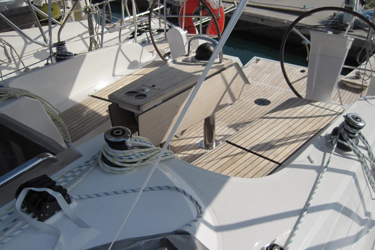 Deck of Fiamma, a Bavaria Cruiser 37 sailboat at Capo d'Orlando, Italy