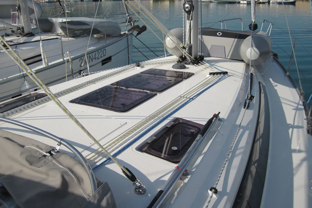 Deck of Fiamma, a Bavaria Cruiser 37 sailboat at Capo d'Orlando, Italy