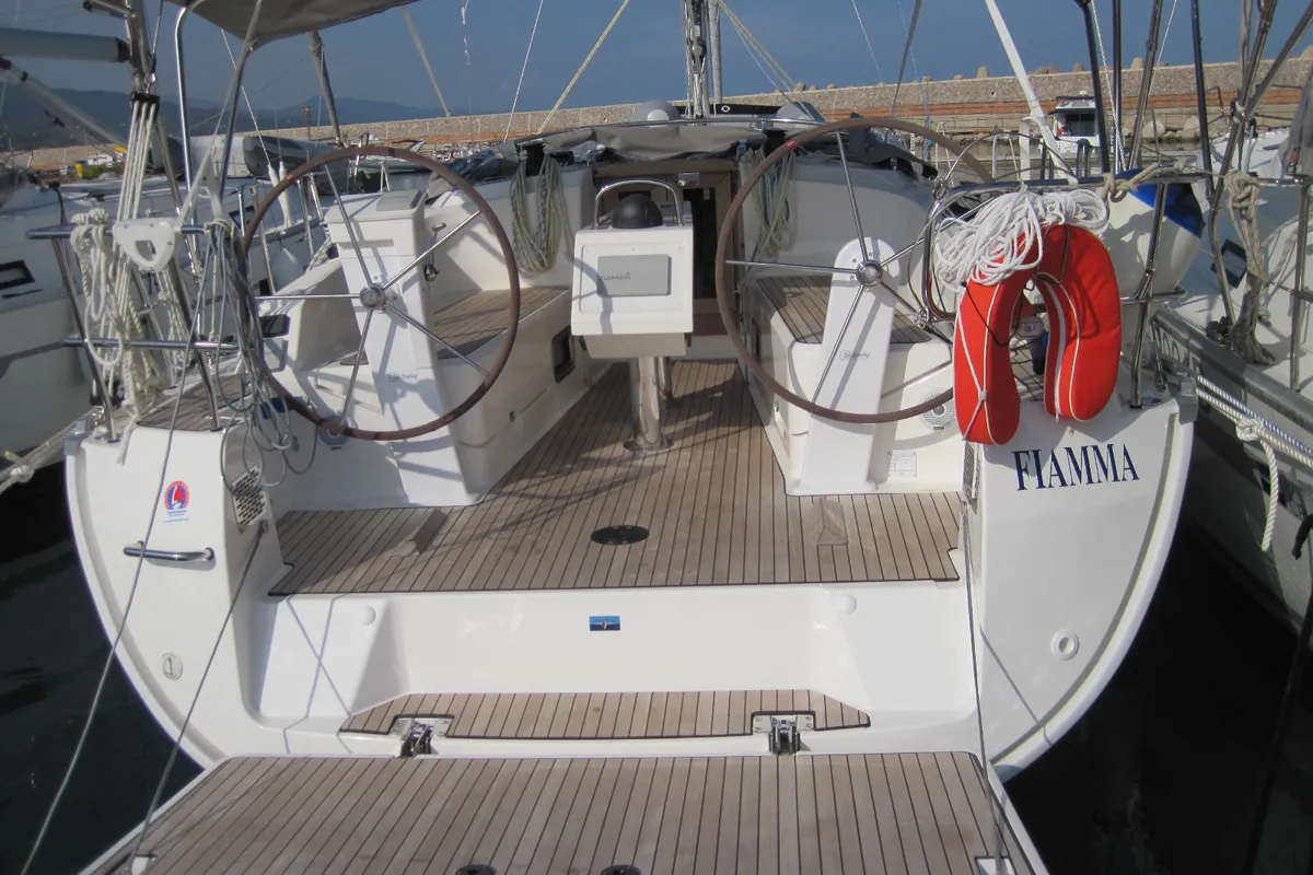 Exterior view of Fiamma, a Bavaria Cruiser 37 sailboat at Capo d'Orlando, Italy