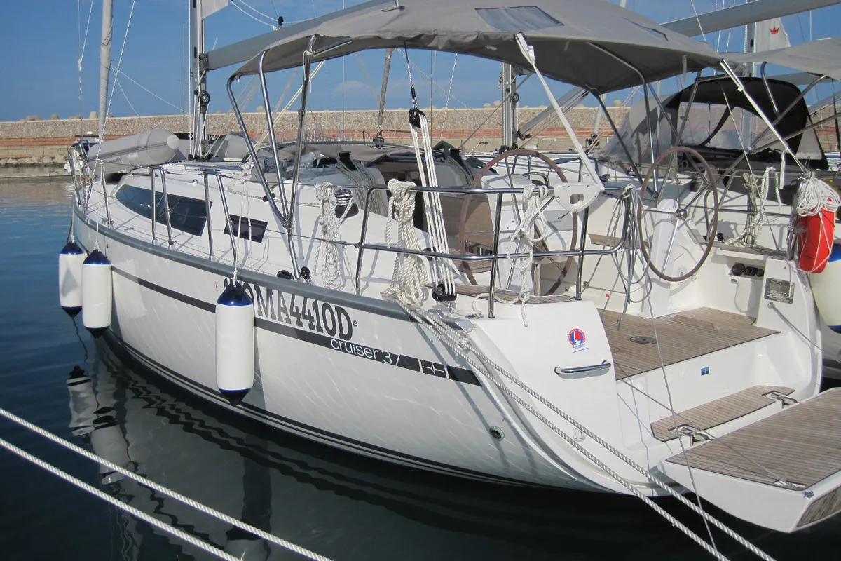 Exterior view of Fiamma, a Bavaria Cruiser 37 sailboat at Capo d'Orlando, Italy
