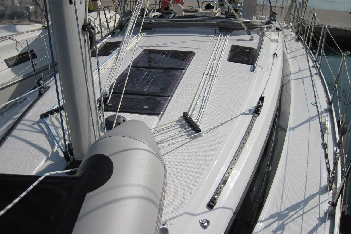 Deck of Fiamma, a Bavaria Cruiser 37 sailboat at Capo d'Orlando, Italy