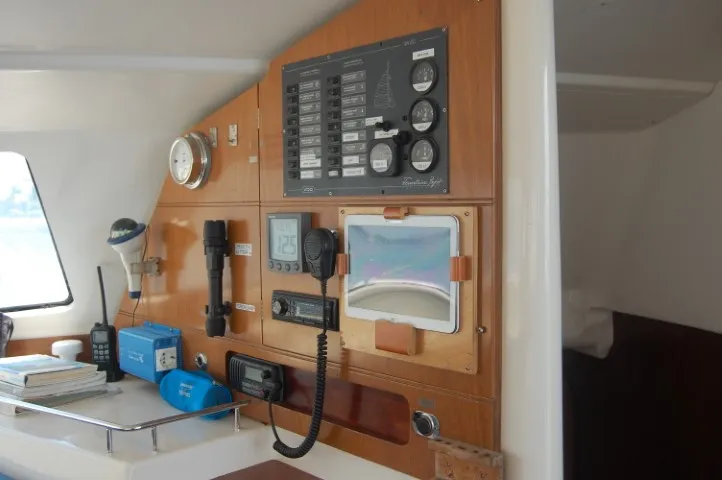Cockpit of Kupela Cuba, a Fountaine Pajot Lavezzi 40 catamaran at Cienfuegos, Cuba