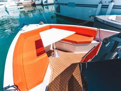 Deck of Lav, a De Antonio D28 Cruiser motorboat at Seget Donji, Croatia
