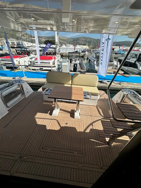 Deck of Lana, a Bavaria Virtess 420 Fly motor yacht at Grad Trogir, Croatia