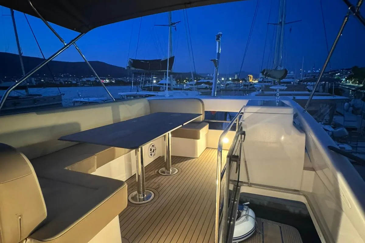 Deck of Lana, a Bavaria Virtess 420 Fly motor yacht at Grad Trogir, Croatia