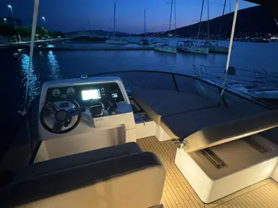 Cockpit of Lana, a Bavaria Virtess 420 Fly motor yacht at Grad Trogir, Croatia