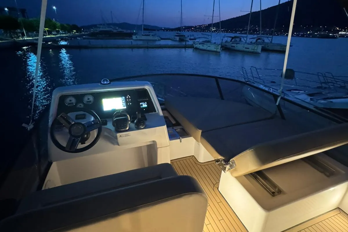Cockpit of Lana, a Bavaria Virtess 420 Fly motor yacht at Grad Trogir, Croatia