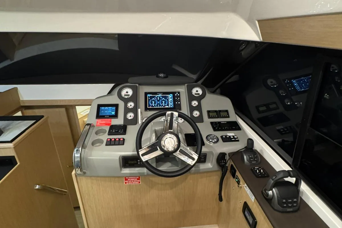 Cockpit of Lana, a Bavaria Virtess 420 Fly motor yacht at Grad Trogir, Croatia