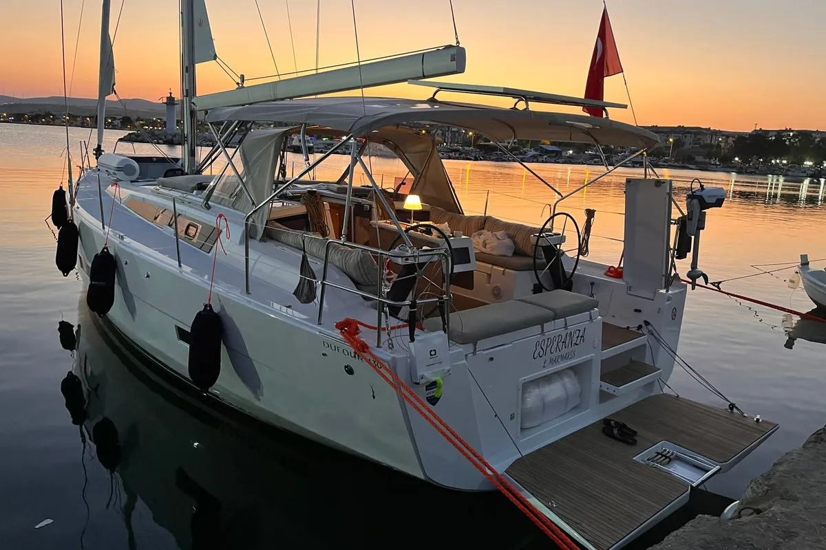 Exterior view of Esperanza, a Dufour 430 GL sailboat at Marmaris, Turkey
