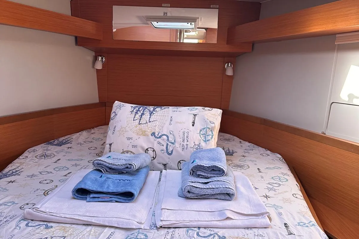 Cabin on Esperanza, a Dufour 430 GL sailboat at Marmaris, Turkey