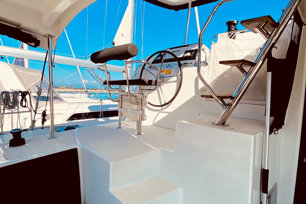 Cockpit of Maresol (Pax 12) , a Lagoon 42 catamaran at Municipal Unit of Lefkada, Greece
