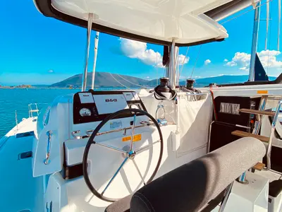 Cockpit of Maresol (Pax 12) , a Lagoon 42 catamaran at Municipal Unit of Lefkada, Greece