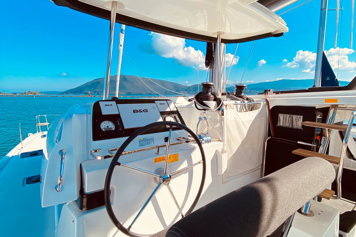 Cockpit of Maresol (Pax 12) , a Lagoon 42 catamaran at Municipal Unit of Lefkada, Greece