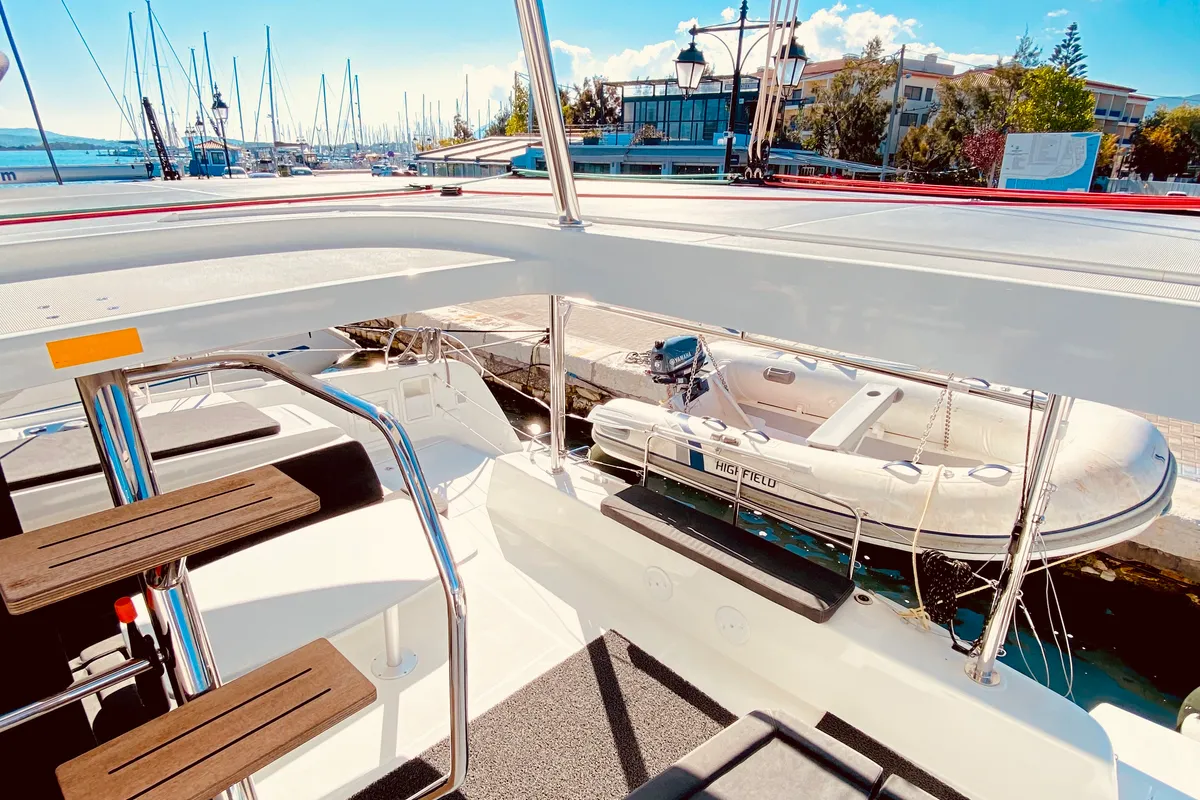 Deck of Maresol (Pax 12) , a Lagoon 42 catamaran at Municipal Unit of Lefkada, Greece