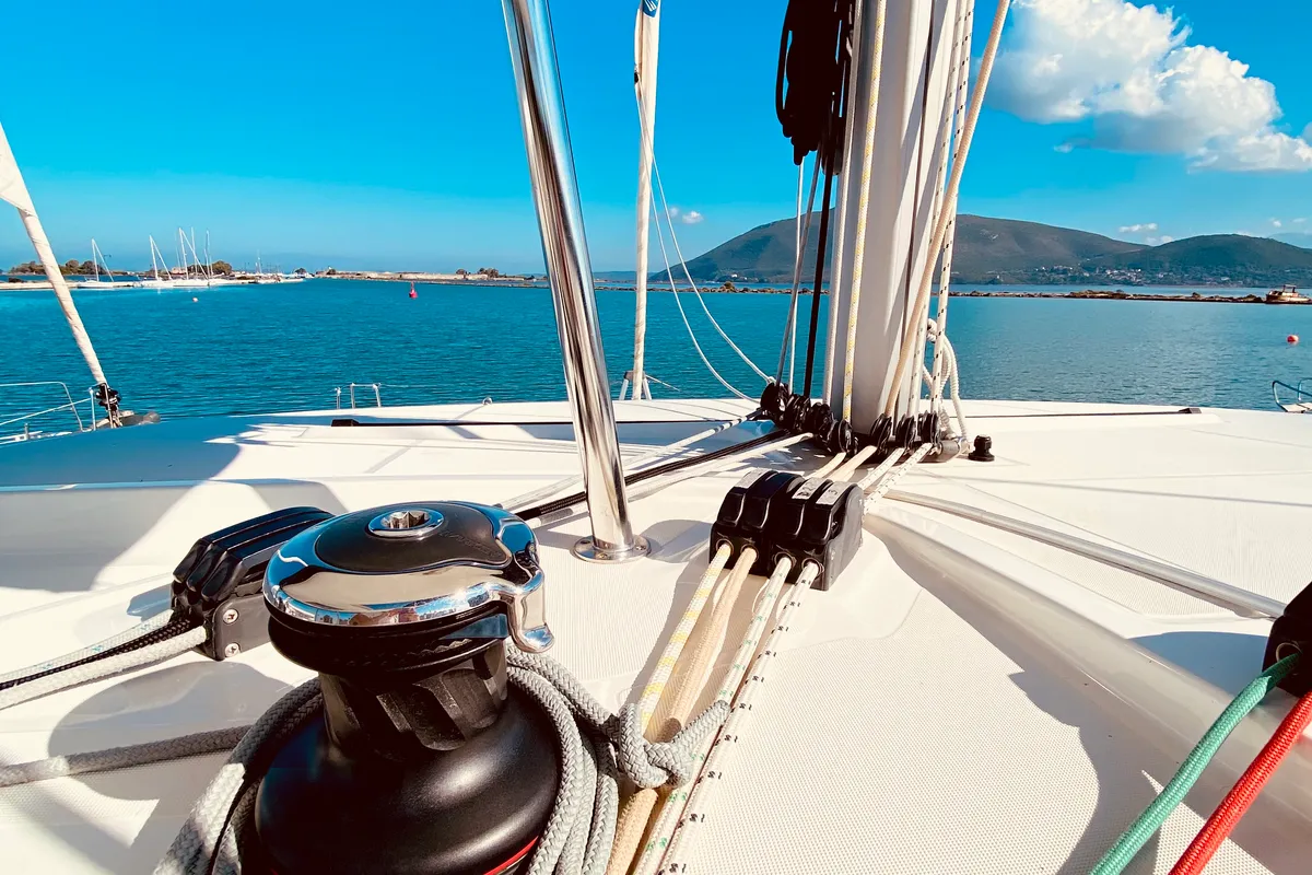 Deck of Maresol (Pax 12) , a Lagoon 42 catamaran at Municipal Unit of Lefkada, Greece