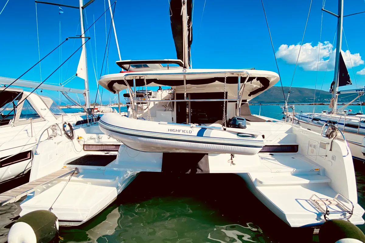 Exterior view of Maresol (Pax 12) , a Lagoon 42 catamaran at Municipal Unit of Lefkada, Greece