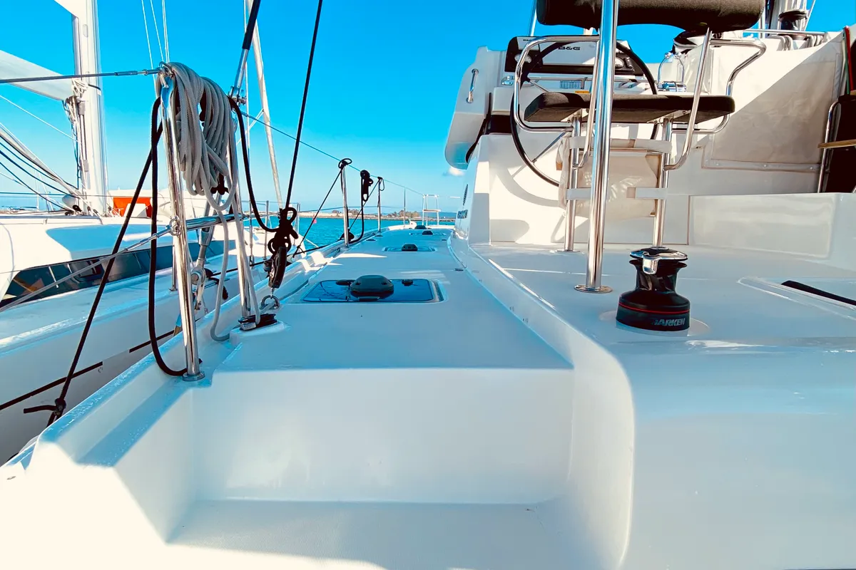Deck of Maresol (Pax 12) , a Lagoon 42 catamaran at Municipal Unit of Lefkada, Greece