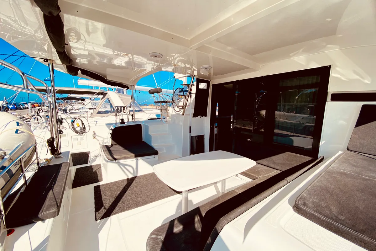 Deck of Maresol (Pax 12) , a Lagoon 42 catamaran at Municipal Unit of Lefkada, Greece