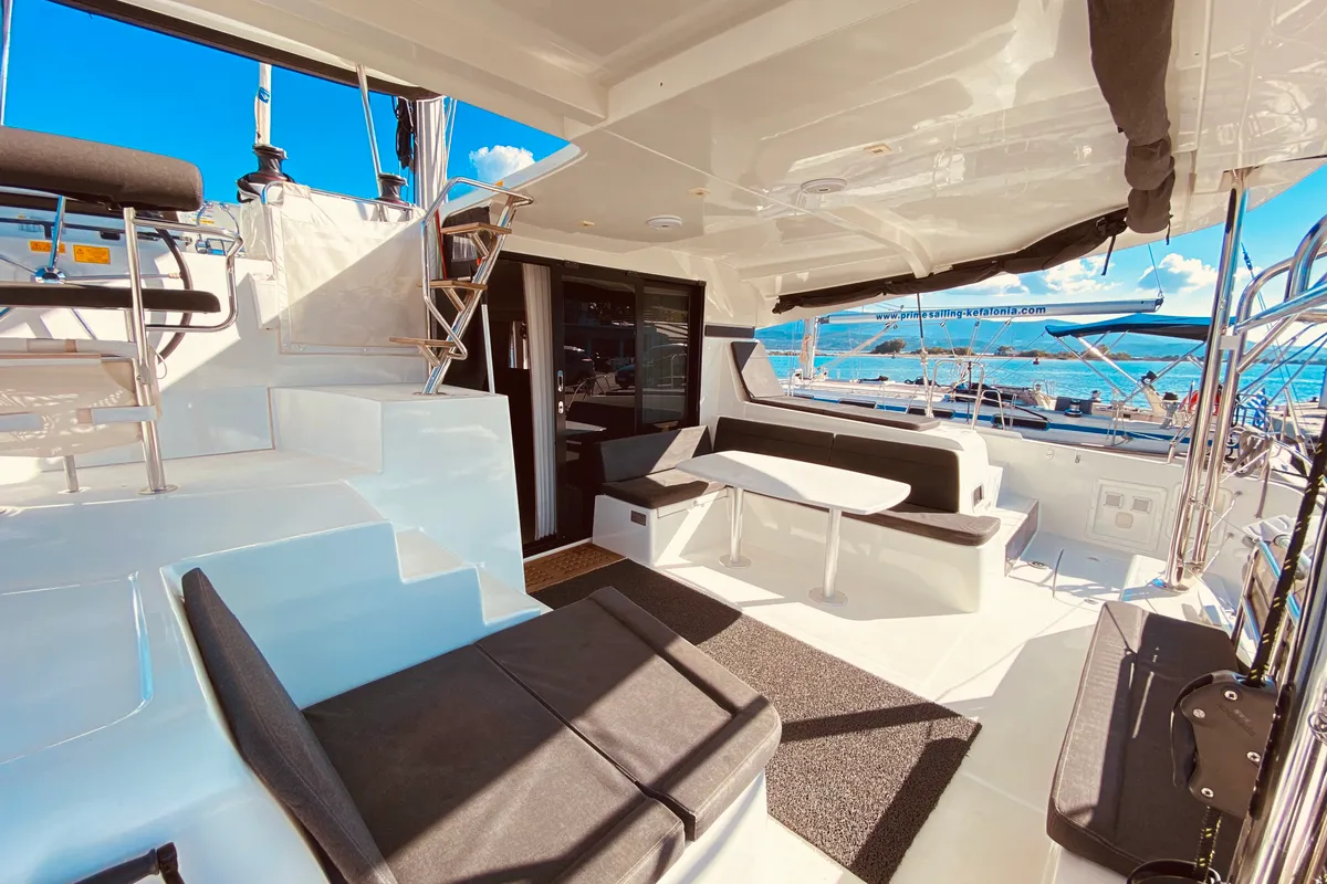 Deck of Maresol (Pax 12) , a Lagoon 42 catamaran at Municipal Unit of Lefkada, Greece