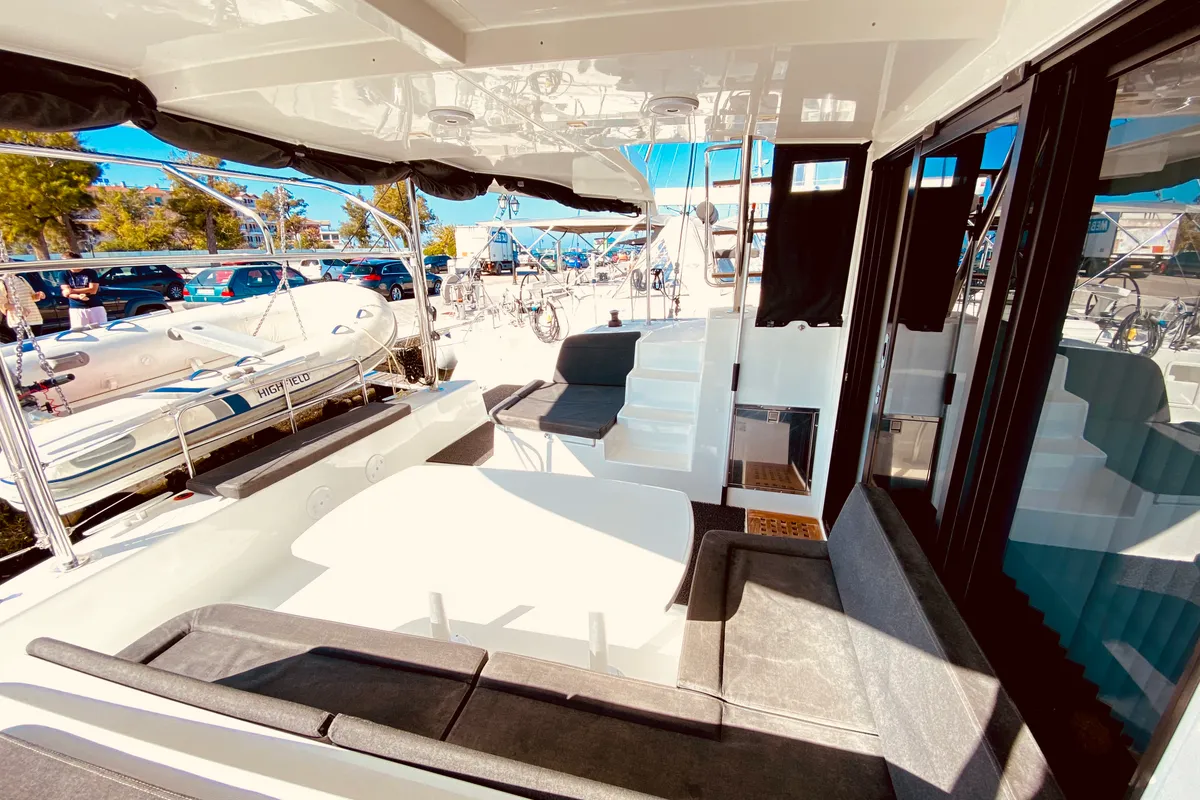 Deck of Maresol (Pax 12) , a Lagoon 42 catamaran at Municipal Unit of Lefkada, Greece