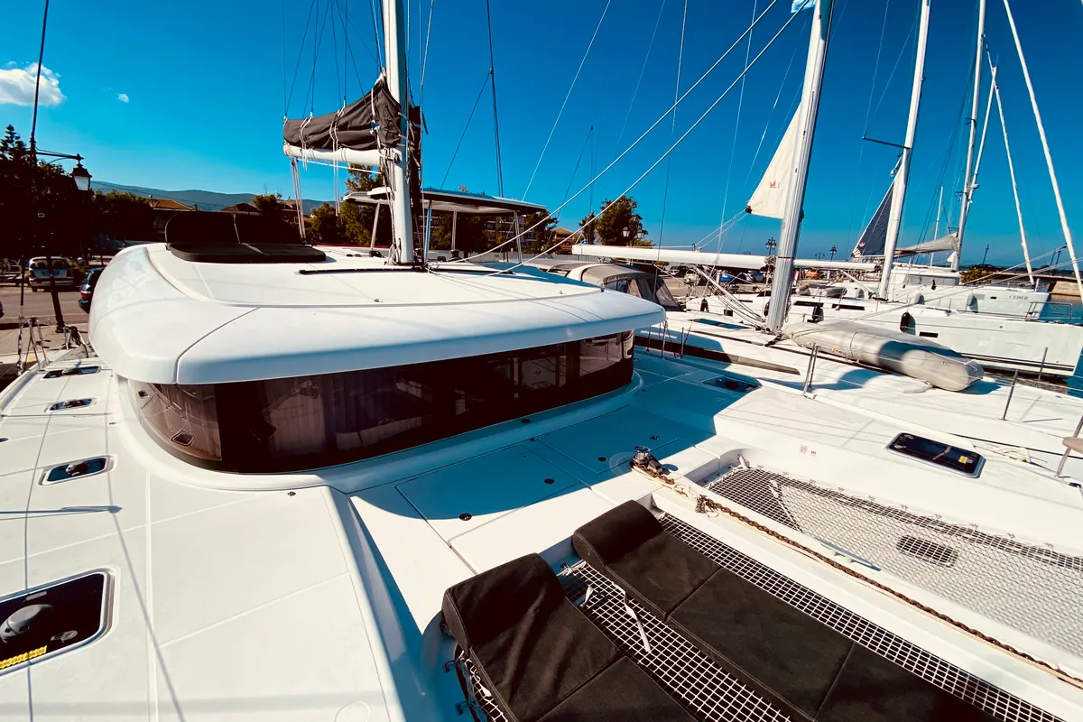 Deck of Maresol (Pax 12) , a Lagoon 42 catamaran at Municipal Unit of Lefkada, Greece