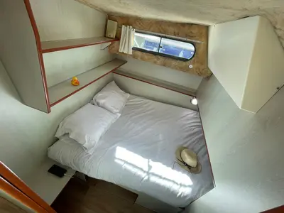 Cabin on Mélodie, a Nicols Sedan 1170 motorboat at Sablé-sur-Sarthe, France