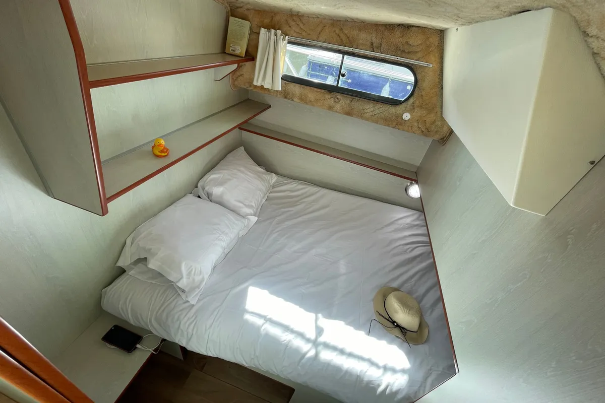 Cabin on Mélodie, a Nicols Sedan 1170 motorboat at Sablé-sur-Sarthe, France