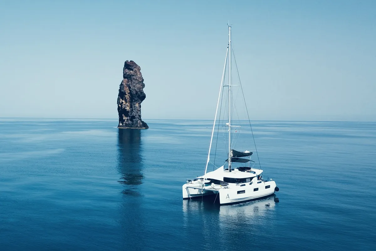 Exterior view of Lagoon 46, a catamaran at Olbia, Italy