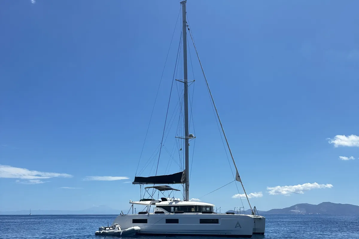 Exterior view of Lagoon 46, a catamaran at Olbia, Italy