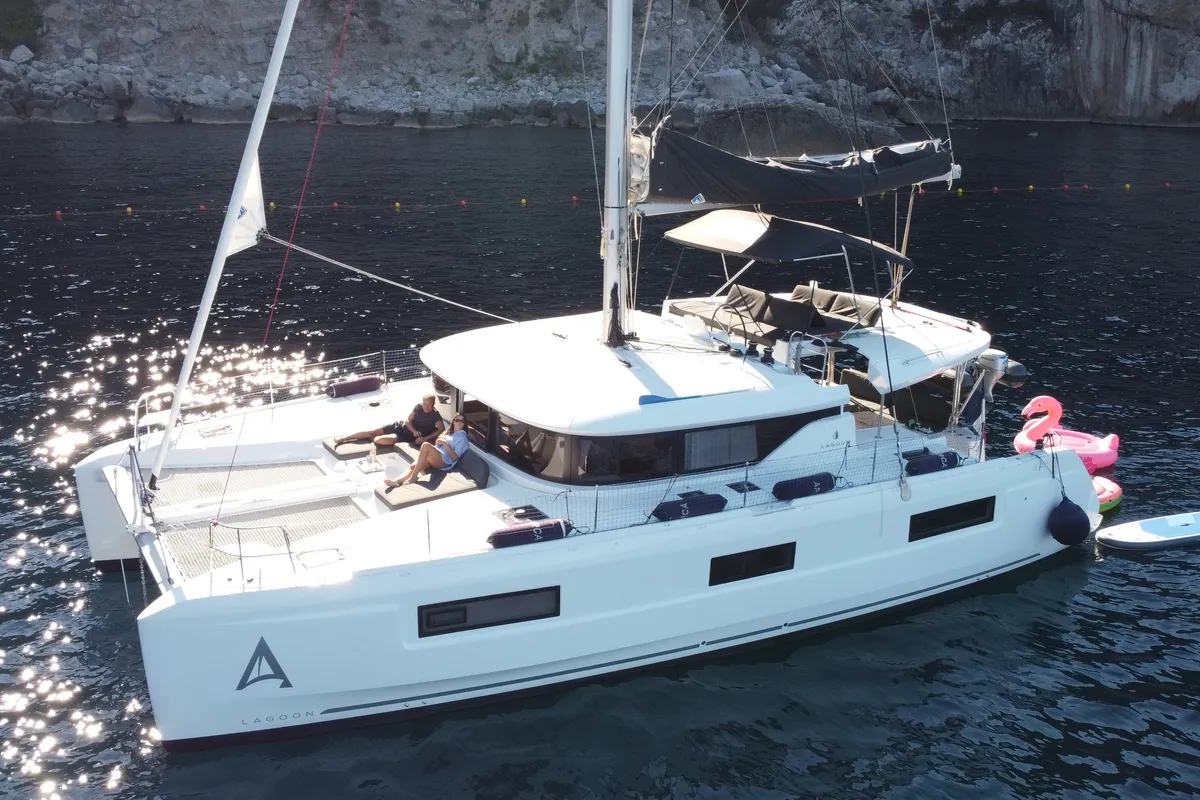 Exterior view of Lagoon 46, a catamaran at Olbia, Italy