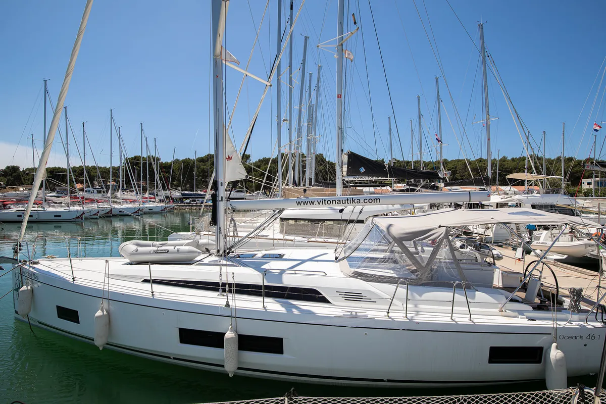 Exterior view of Contessa di Mare, a Beneteau Oceanis 46.1 sailboat at Općina Medulin, Croatia