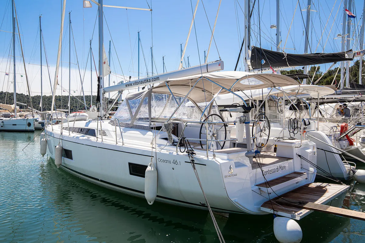 Exterior view of Contessa di Mare, a Beneteau Oceanis 46.1 sailboat at Općina Medulin, Croatia