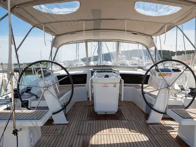 Cockpit of Contessa di Mare, a Beneteau Oceanis 46.1 sailboat at Općina Medulin, Croatia