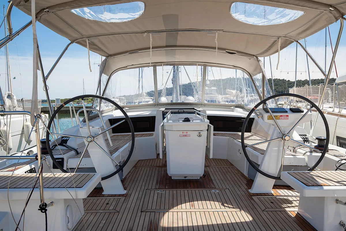 Cockpit of Contessa di Mare, a Beneteau Oceanis 46.1 sailboat at Općina Medulin, Croatia