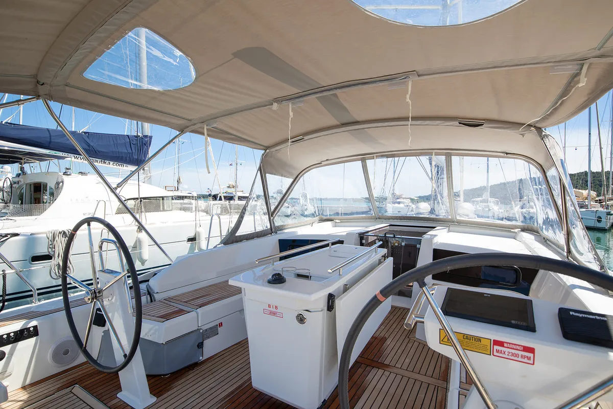 Cockpit of Contessa di Mare, a Beneteau Oceanis 46.1 sailboat at Općina Medulin, Croatia