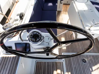 Cockpit of Chandra - Standard line, a Jeanneau Sun Odyssey 479 sailboat at Olbia, Italy