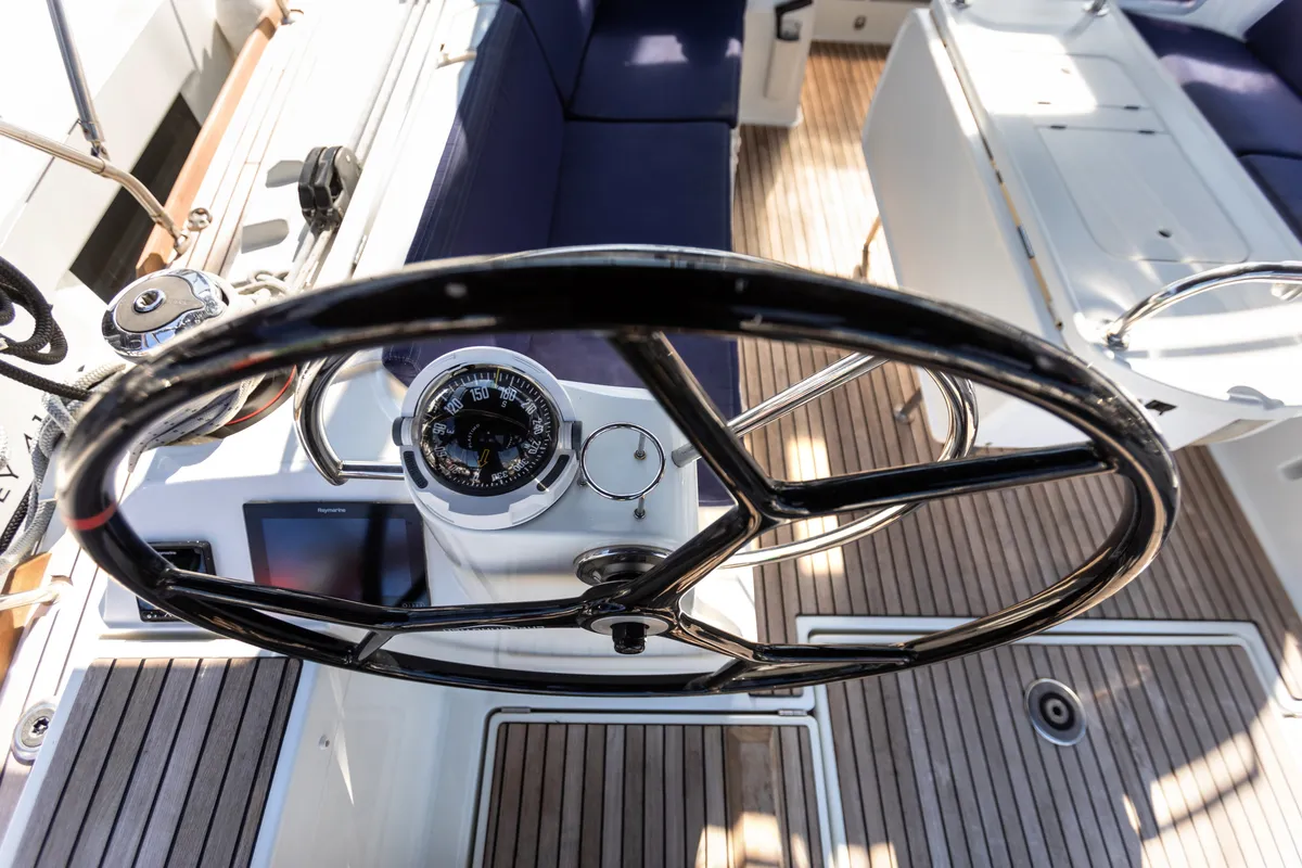 Cockpit of Chandra - Standard line, a Jeanneau Sun Odyssey 479 sailboat at Olbia, Italy