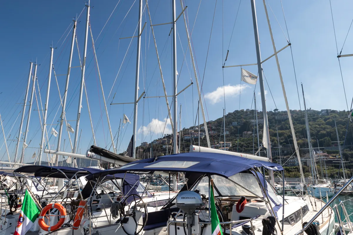 Exterior view of Chandra - Standard line, a Jeanneau Sun Odyssey 479 sailboat at Olbia, Italy
