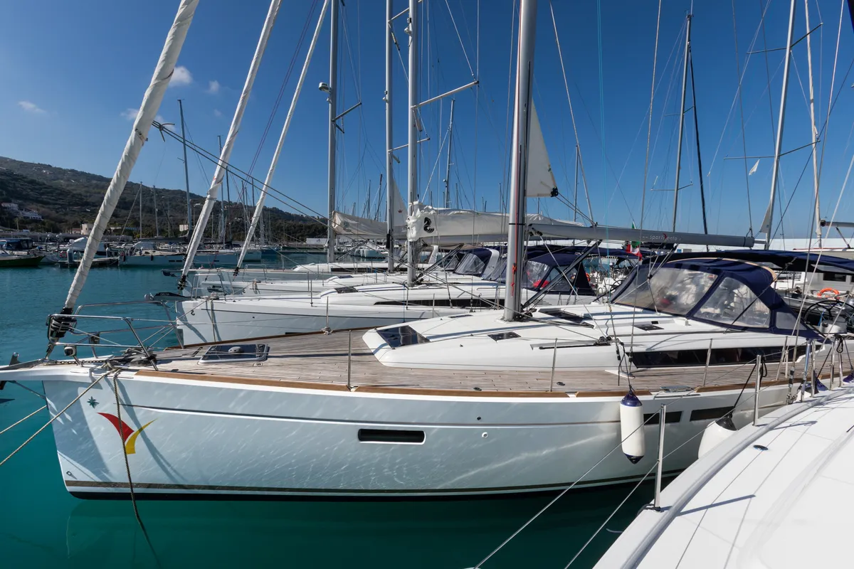 Exterior view of Chandra - Standard line, a Jeanneau Sun Odyssey 479 sailboat at Olbia, Italy