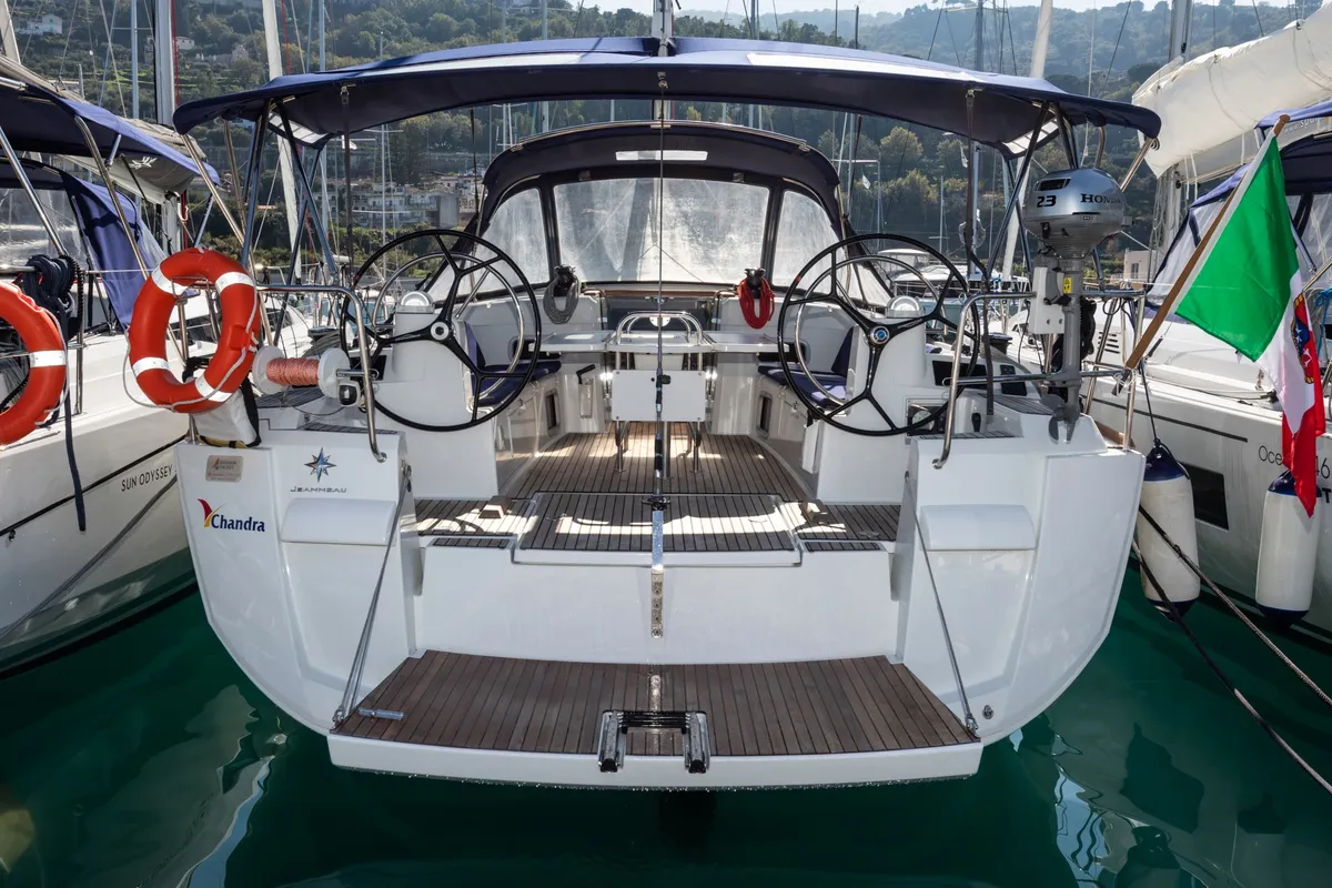 Exterior view of Chandra - Standard line, a Jeanneau Sun Odyssey 479 sailboat at Olbia, Italy