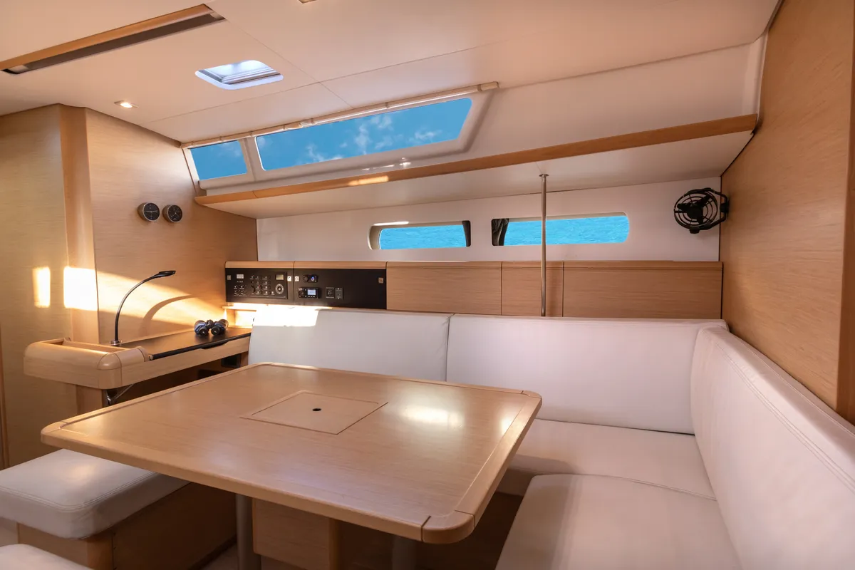 Salon of Chandra - Standard line, a Jeanneau Sun Odyssey 479 sailboat at Olbia, Italy