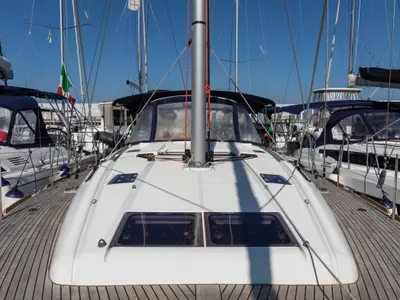 Deck of Chandra - Standard line, a Jeanneau Sun Odyssey 479 sailboat at Olbia, Italy