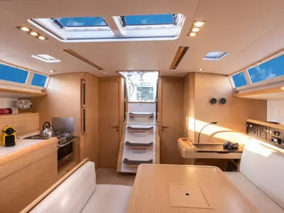 Salon of Chandra - Standard line, a Jeanneau Sun Odyssey 479 sailboat at Olbia, Italy