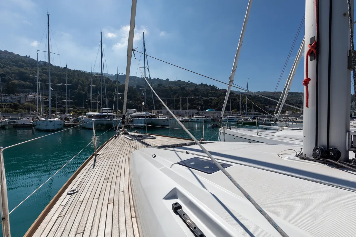 Deck of Chandra - Standard line, a Jeanneau Sun Odyssey 479 sailboat at Olbia, Italy