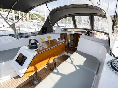 Deck of FORTUNATA, a Bavaria Cruiser 37 Style sailboat at Zadar, Croatia