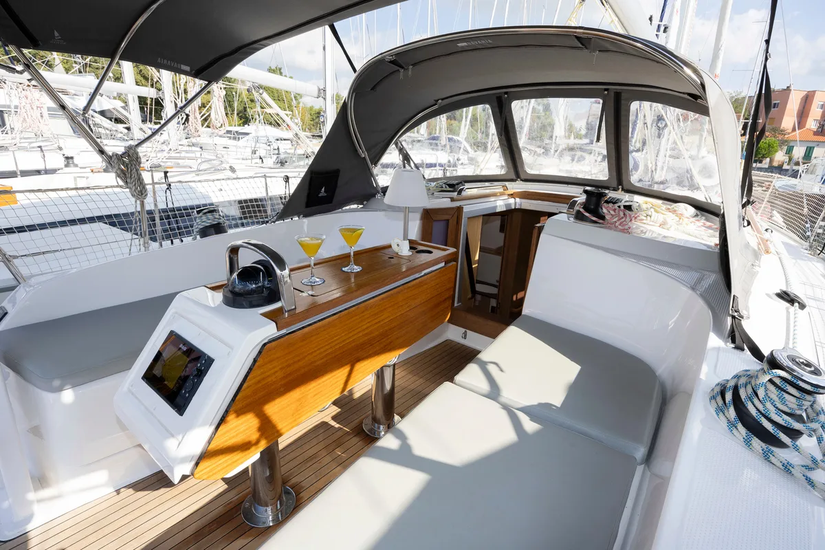 Deck of FORTUNATA, a Bavaria Cruiser 37 Style sailboat at Zadar, Croatia